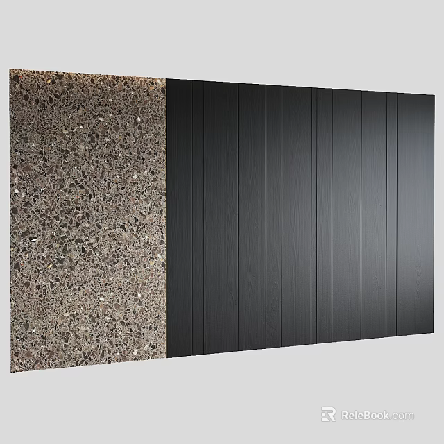 Sofa Backdrop Wall Combining Terrazzo Texture And Black Vertical Panels 3d model 
