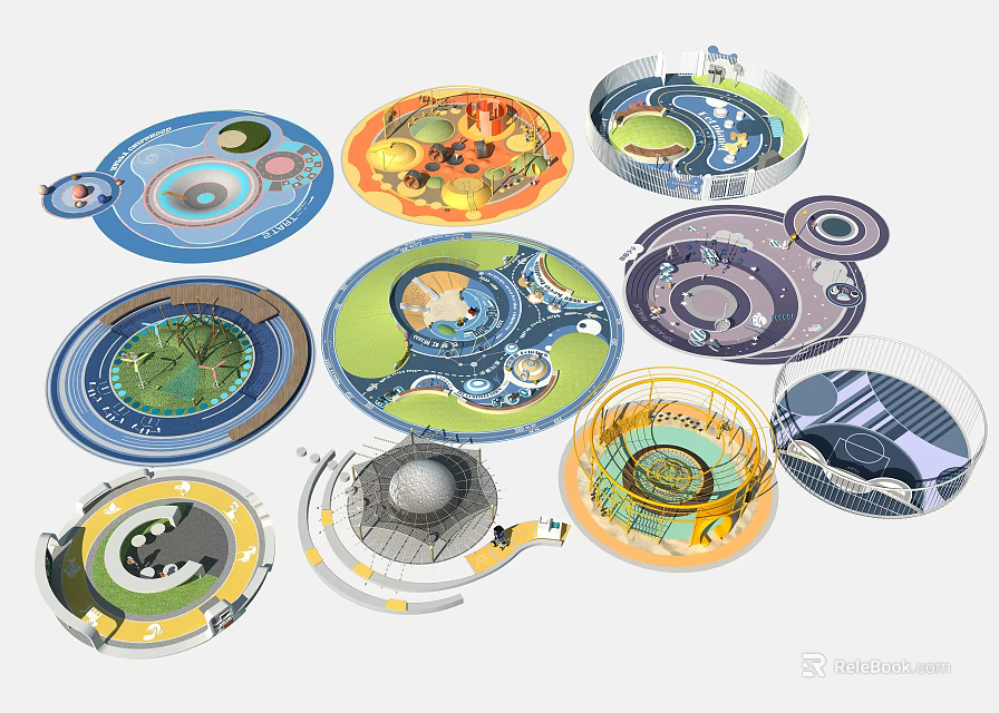 Colorful Children's Playground Design With Circular Interactive Play Structures And Themes 3d model 