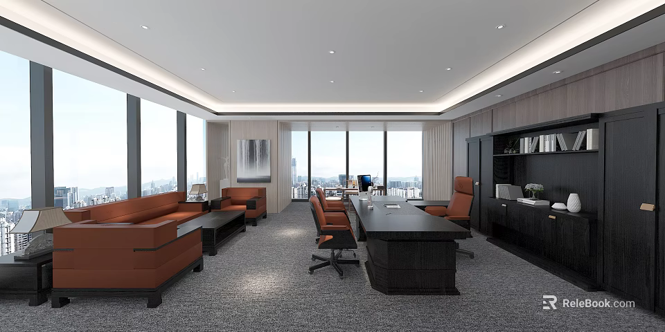 Modern Office Interior With Open Layout Large Windows City View Sofa Desk And Bookshelf 3d model
