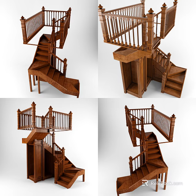 Wooden Staircase 3D Model With Railing Steps And Platform Design 3d model