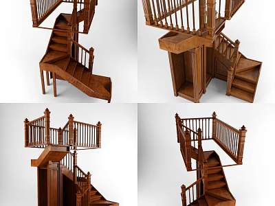 Wooden Staircase 3D Model With Railing Steps And Platform Design 3d model