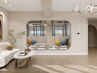 Modern Fitness Studio Interior With Yoga Mats Exercise Balls And Mirrored Wall 3d model
