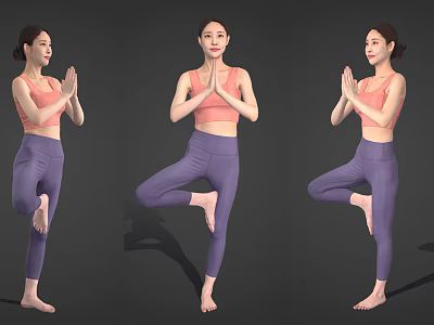 Women Practicing Yoga Tree Pose in Pink Top and Purple Leggings 3d model