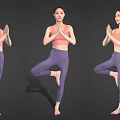 Women Practicing Yoga Tree Pose in Pink Top and Purple Leggings