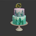 Two Tiered Cake With White Green Hand Painted Patterns Decorative Topper On Light Green Stand