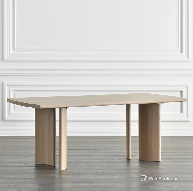 Minimalist Wooden Dining Table In Room With White Paneled Wall And Gray Floor 3d model 