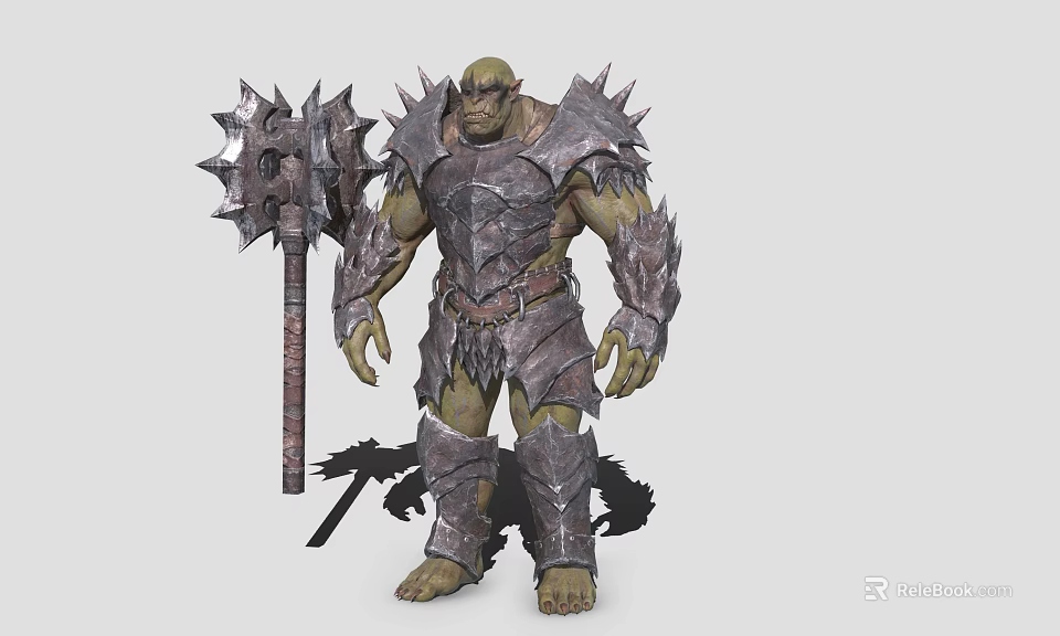 Fantasy Orc Warrior with Green Skin Spiked Armor Holding Large Spiked Warhammer in Game Scenes 3d model 