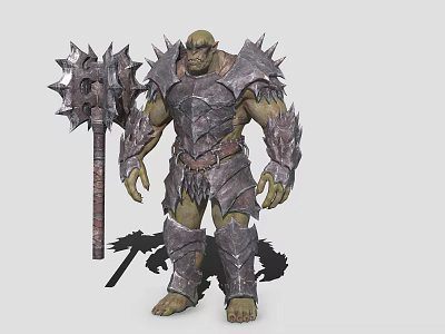 Fantasy Orc Warrior with Green Skin Spiked Armor Holding Large Spiked Warhammer in Game Scenes 3d model