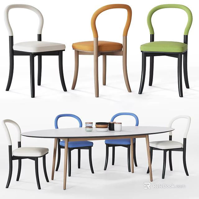 Modern Dining Table Set With Multi Colored Chairs And Oval Design 3d model