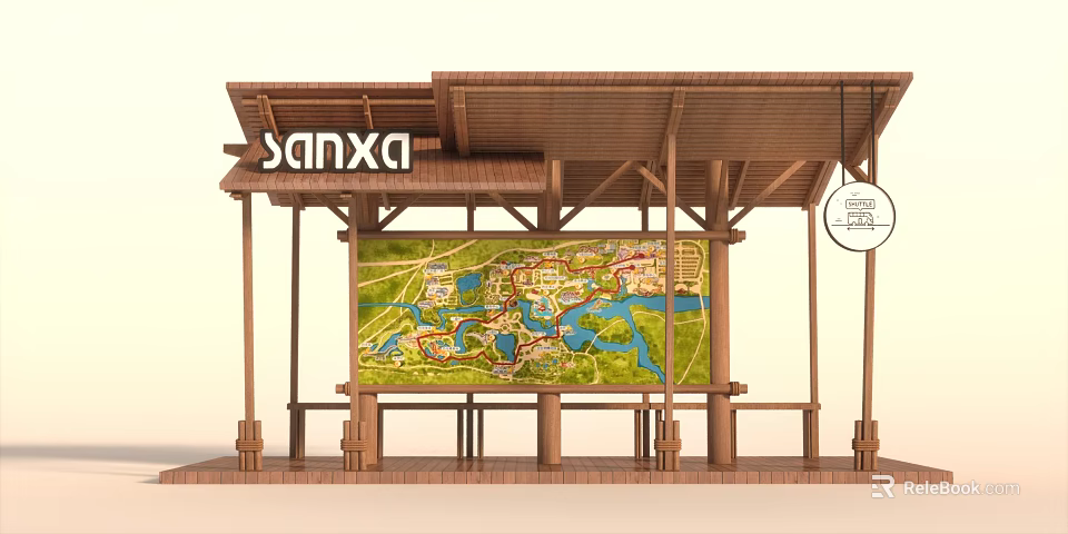 Sanxa Public Tourist Facility With Wooden Structure And Large Guide Map 3d model 