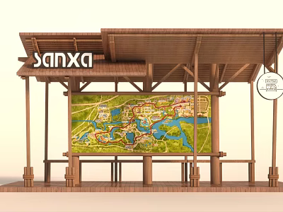 Sanxa Public Tourist Facility With Wooden Structure And Large Guide Map 3d model