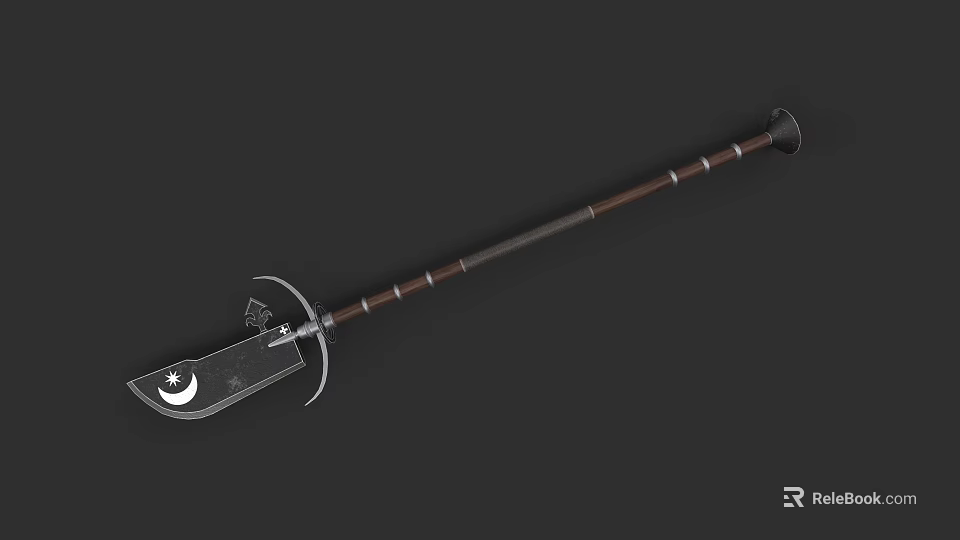 Medieval Polearm Weapon with Crescent Moon Blade and Star Decoration Wooden Handle with Metal Accents 3d model 