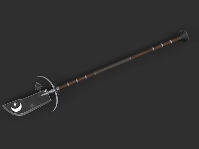 Medieval Polearm Weapon with Crescent Moon Blade and Star Decoration Wooden Handle with Metal Accents 3d model