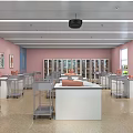School Science Lab With Pink Walls Windows Metal Lab Tables Projector Screen And Orange Models