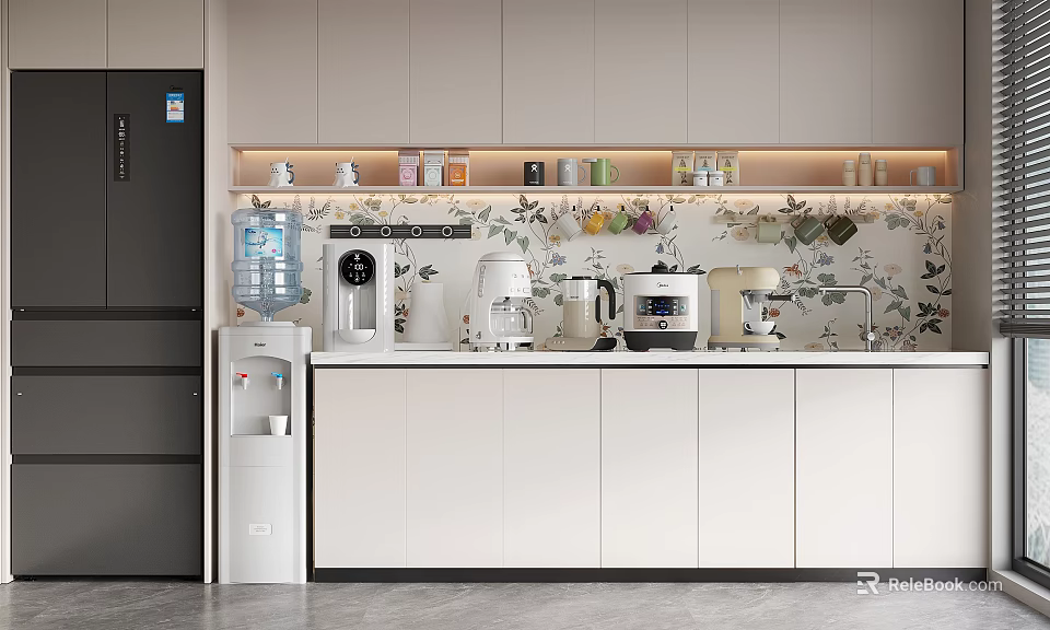 Modern Tea Room Interior With White Cabinets Coffee Maker And Green Plant Decor 3d model 