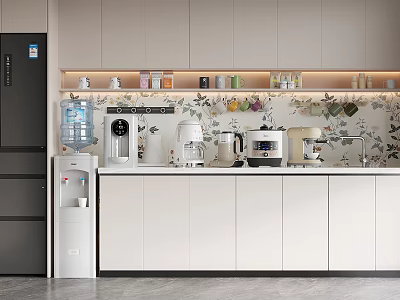 Modern Tea Room Interior With White Cabinets Coffee Maker And Green Plant Decor 3d model
