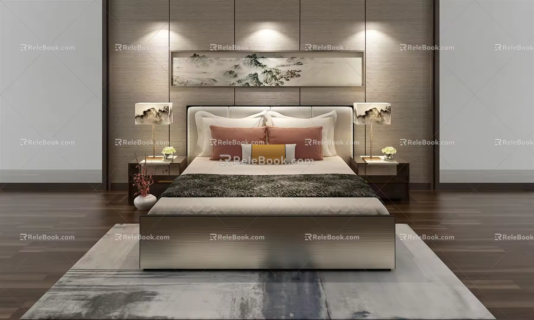 New Chinese Background Double Bed Bedside Table Lamp 3d model