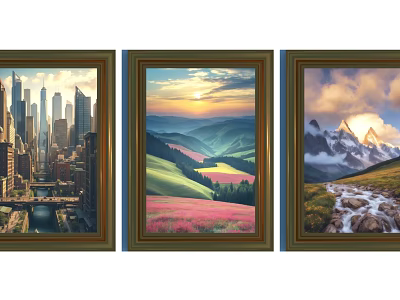 Three Framed Landscape Paintings With Cityscape Sunset Valley Flower Fields And Snowy Mountain 3d model