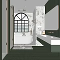 Elegant Bathroom Interior With Arched Window Floral Wallpaper Freestanding Bathtub And Large Mirror