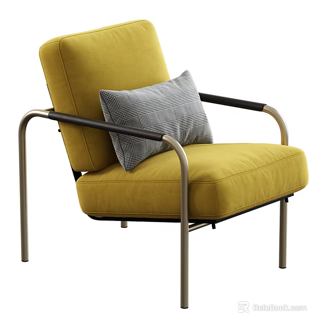 Stylish Modern Yellow Single Sofa With Gray Pillow And Metal Armrests 3d model 