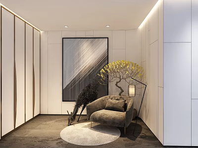 Modern Interior Design Featuring Single Sofa Round Rug Decorative Painting And Yellow Plant 3d model