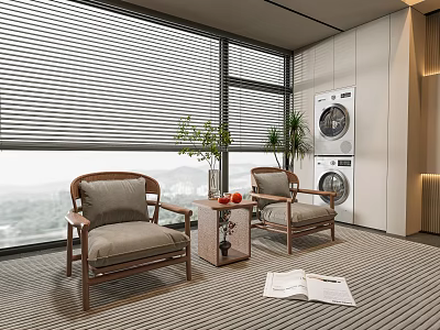 Comfortable Leisure Sofa Set with Two Armrest Chairs Side Table and Scenic Window View 3d model