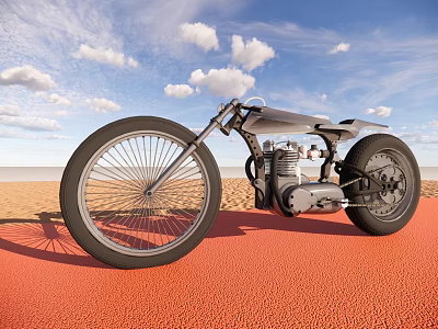 Custom Silver Motorcycle On Red Ground By Sandy Beach With Blue Sky And White Clouds 3d model