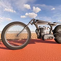 Custom Silver Motorcycle On Red Ground By Sandy Beach With Blue Sky And White Clouds