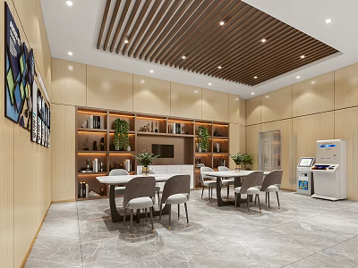 Modern Service Hall Interior With Wooden Walls Bookshelves Green Plants And Self Service Machine 3d model