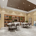 Modern Service Hall Interior With Wooden Walls Bookshelves Green Plants And Self Service Machine