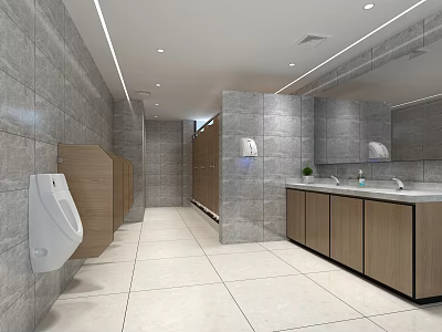 Modern Public Restroom Interior With Tile Walls Washbasins Stalls And Mirrors 3d model