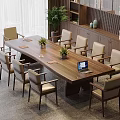 Modern Long Wooden Table With Chairs Laptop And Potted Plants In Bright Room With Bookshelves