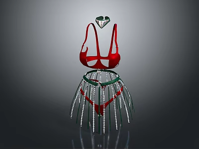 Stylish Red Bra And Silver Fringed Skirt With Green Diamond Accent 3d model