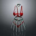Stylish Red Bra And Silver Fringed Skirt With Green Diamond Accent