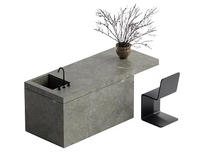 Modern Dining Table Set With Gray Countertop Cabinet Black Faucet Potted Plant And Black Chair 3d model