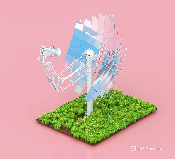 Industrial Equipment Solar Concentrator System with Reflective Panels on Green Grass Base 3d model 