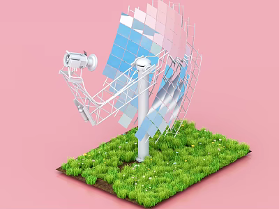 Industrial Equipment Solar Concentrator System with Reflective Panels on Green Grass Base 3d model