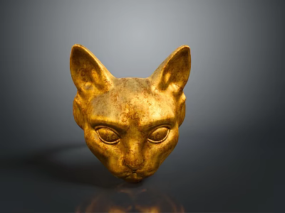 Golden Egyptian Style Cat Head Sculpture With Textured Surface And Dark Background Reflection 3d model