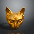 Golden Egyptian Style Cat Head Sculpture With Textured Surface And Dark Background Reflection