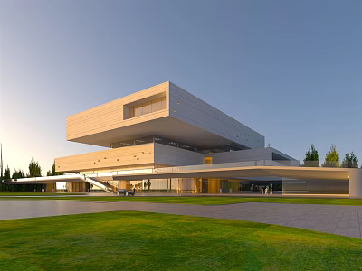 Modern Library Building With Geometric Architectural Design Concrete Facade Large Glass Windows Green Lawn And Trees 3d model