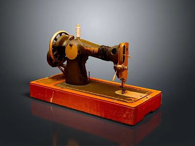 Vintage Sewing Machine With Red Wooden Base And Classic Metal Components 3d model