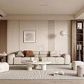 Minimalist Living Room Interior Design With Beige Sofa Round Coffee Table Floor Lamp And Bookshelf