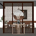 Chinese Style Room Partition With Geometric Patterns And Circular Decor In Dining Area 3d model