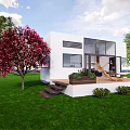 Modern Mobile House With White Exterior Large Windows And Glass Doors On Green Lawn