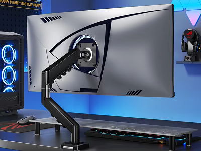 Gaming Monitor Setup With Adjustable Arm Blue LED PC Case Sleek Design Headphones 3d model