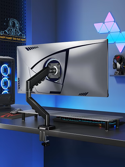 Gaming Monitor Setup With Adjustable Arm Blue LED PC Case Sleek Design Headphones 3d model