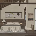 Traditional Chinese Hotel Guest Room With Wooden Ceiling Neutral Bedding Wooden Chair And Wall Art
