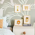 Leaf Patterned Landscape Wallpaper With Giraffe Fox Lion Tiger Cartoon Framed Prints And Bedside Table 3d model