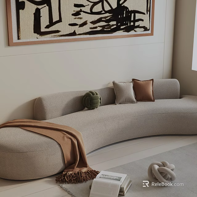 Curved Three Seater Sofa With Light Gray Upholstery Decorative Pillows And Brown Throw Blanket 3d model 