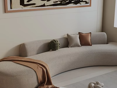 Curved Three Seater Sofa With Light Gray Upholstery Decorative Pillows And Brown Throw Blanket 3d model